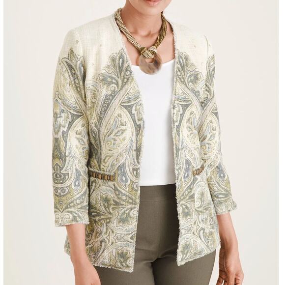 Chico's Sz 0 Embellished Heritage Soft Cotton Tweed Green Open Spring Jacket - Picture 1 of 14